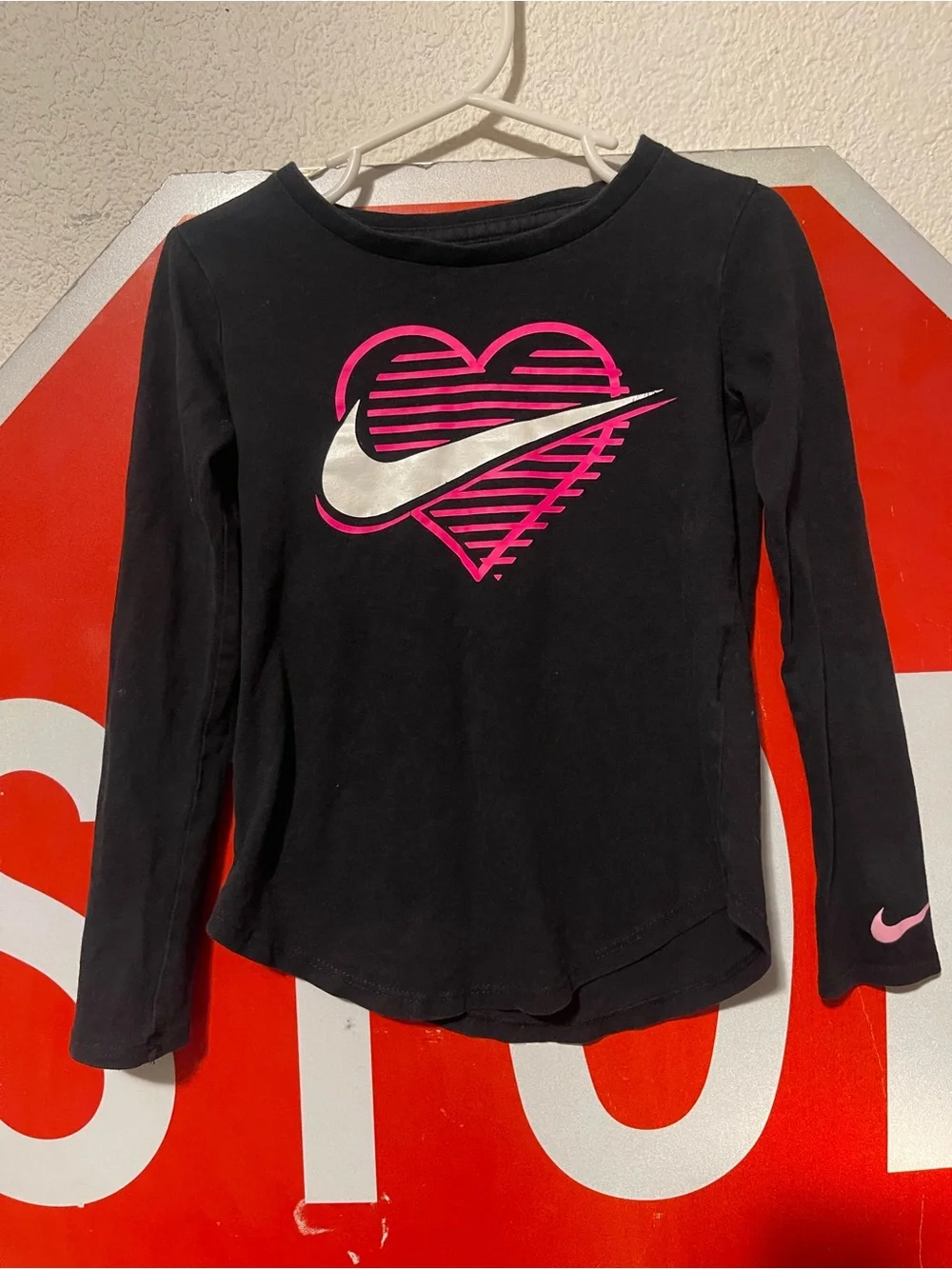 Nike Black Long-Sleeve Tee with Pink Heart and Silver Swoosh